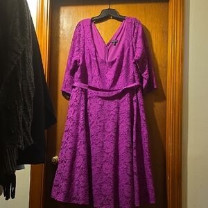 Lane Bryant Pink and Purple V-Neck Midi Dress with Bishop Sleeves